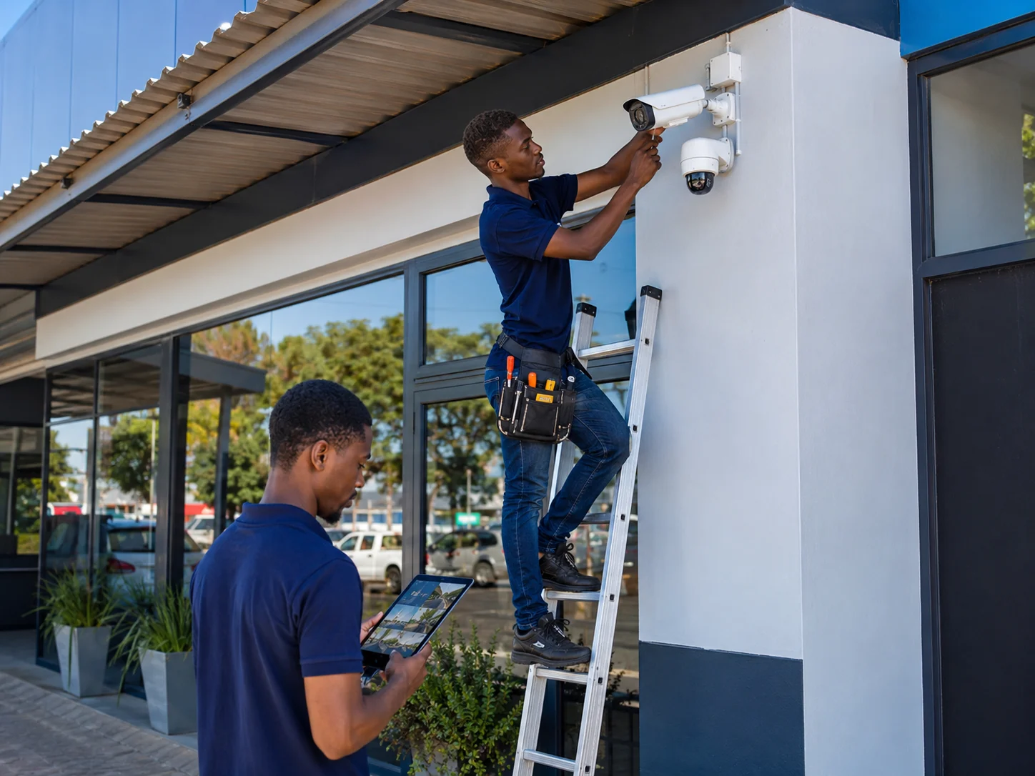 Technicians installing CCTV cameras on a modern building