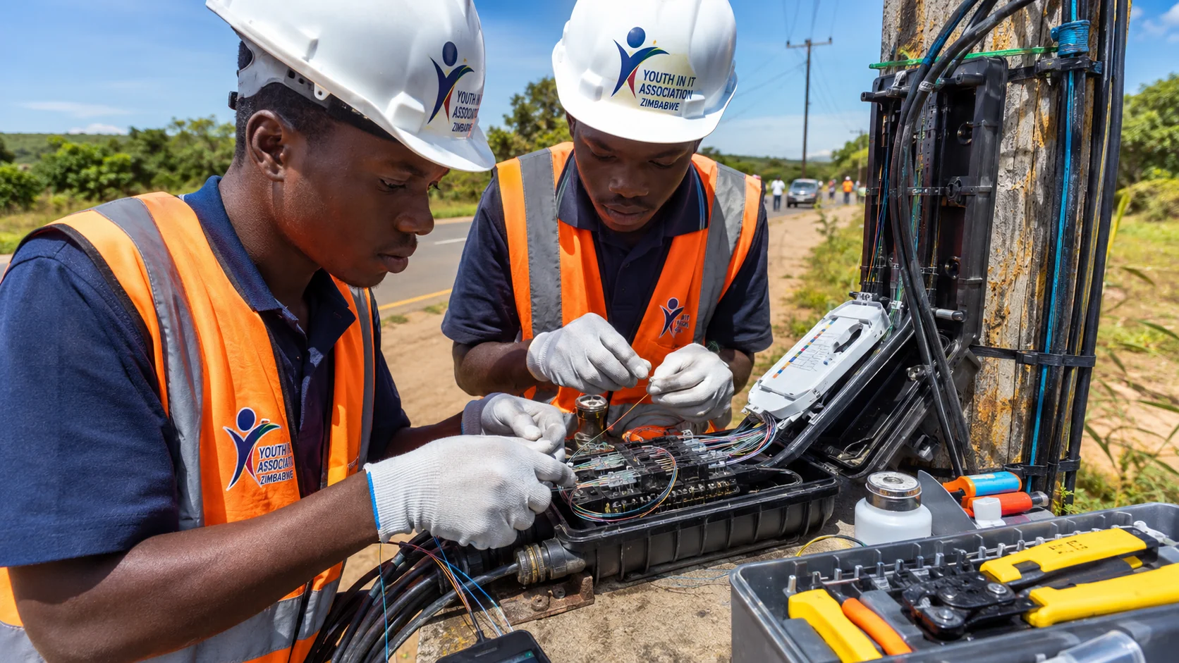 Technicians handling fiber cables at a roadside cabinet