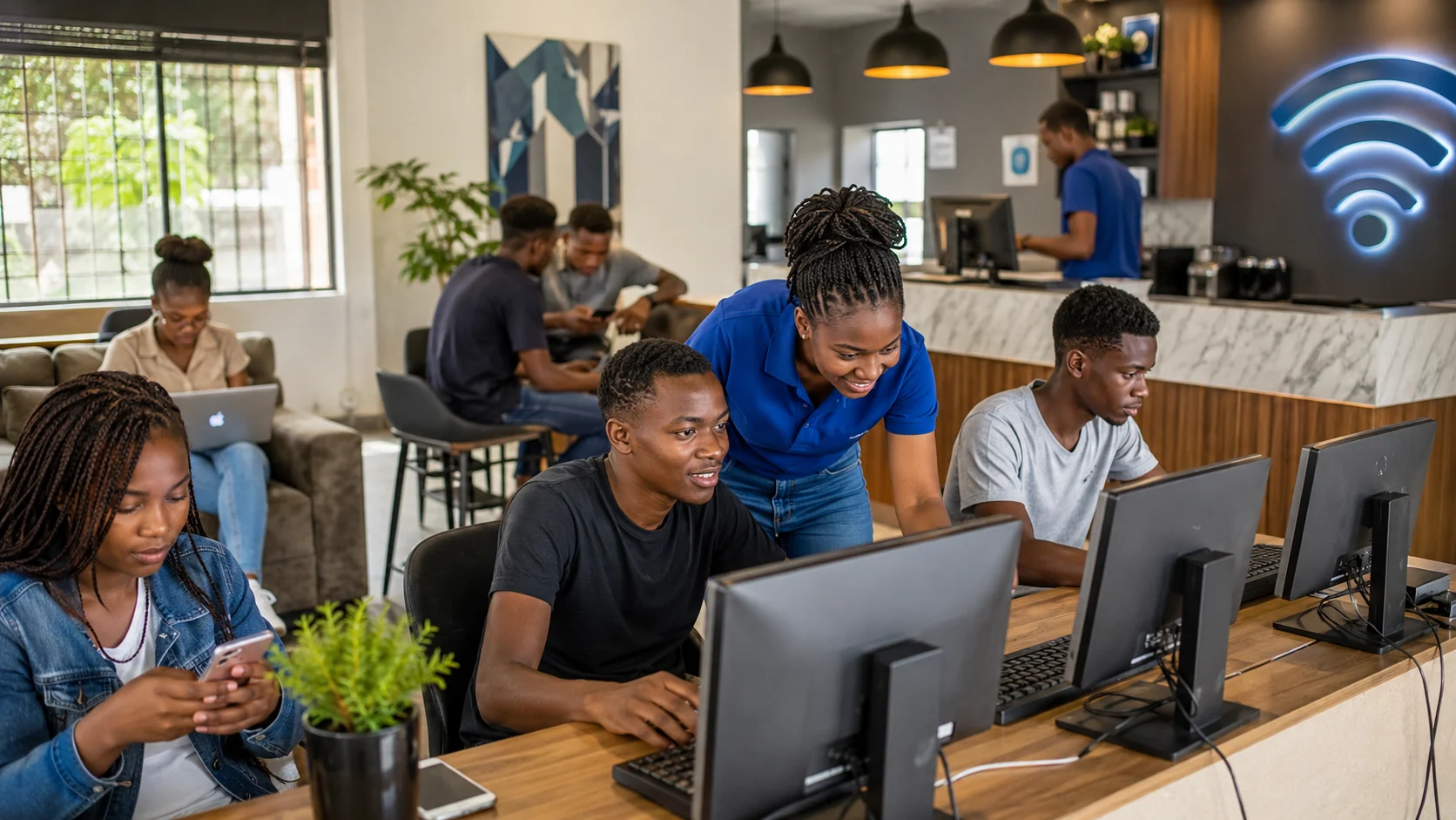 Youth learning digital skills at computers