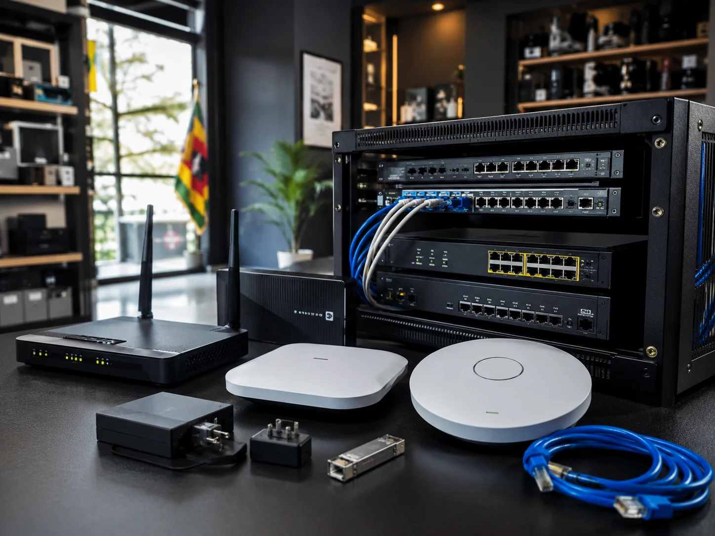Networking equipment, routers and cabling on a desk