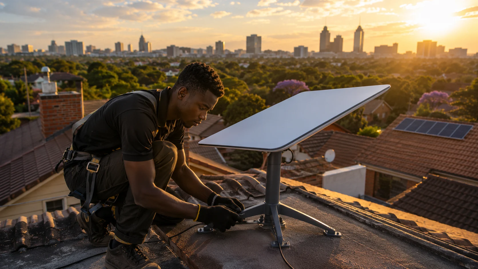 Starlink installation on a Zimbabwean rooftop at golden hour
